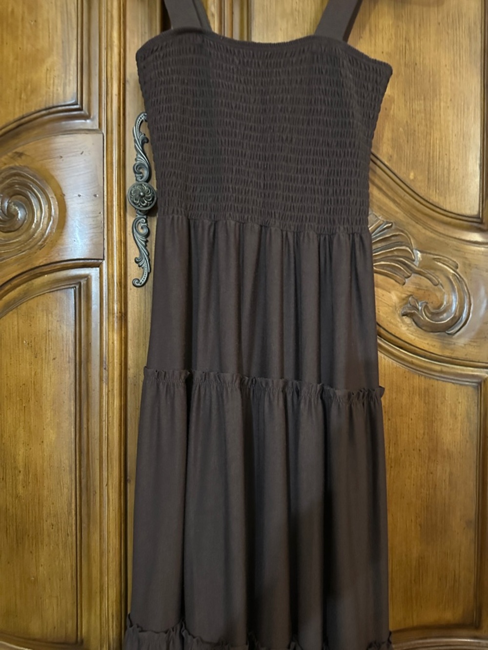 Summertime Resort Ready Smocked Brown Feminine 3Tired Silhouette Maxi DressSmall - Picture 12 of 15